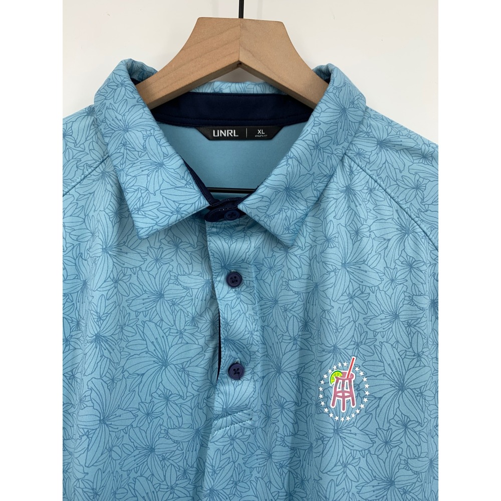UNRL Barstool Polo Shirt Mens XL Blue Floral Golf Athletic Fit Short Sleeve
